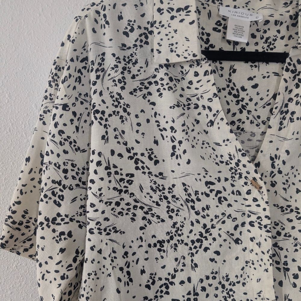 Kirious Linen Blend Cropped Blouse Large | Ivory Black Print Button Front Top - Picture 4 of 6